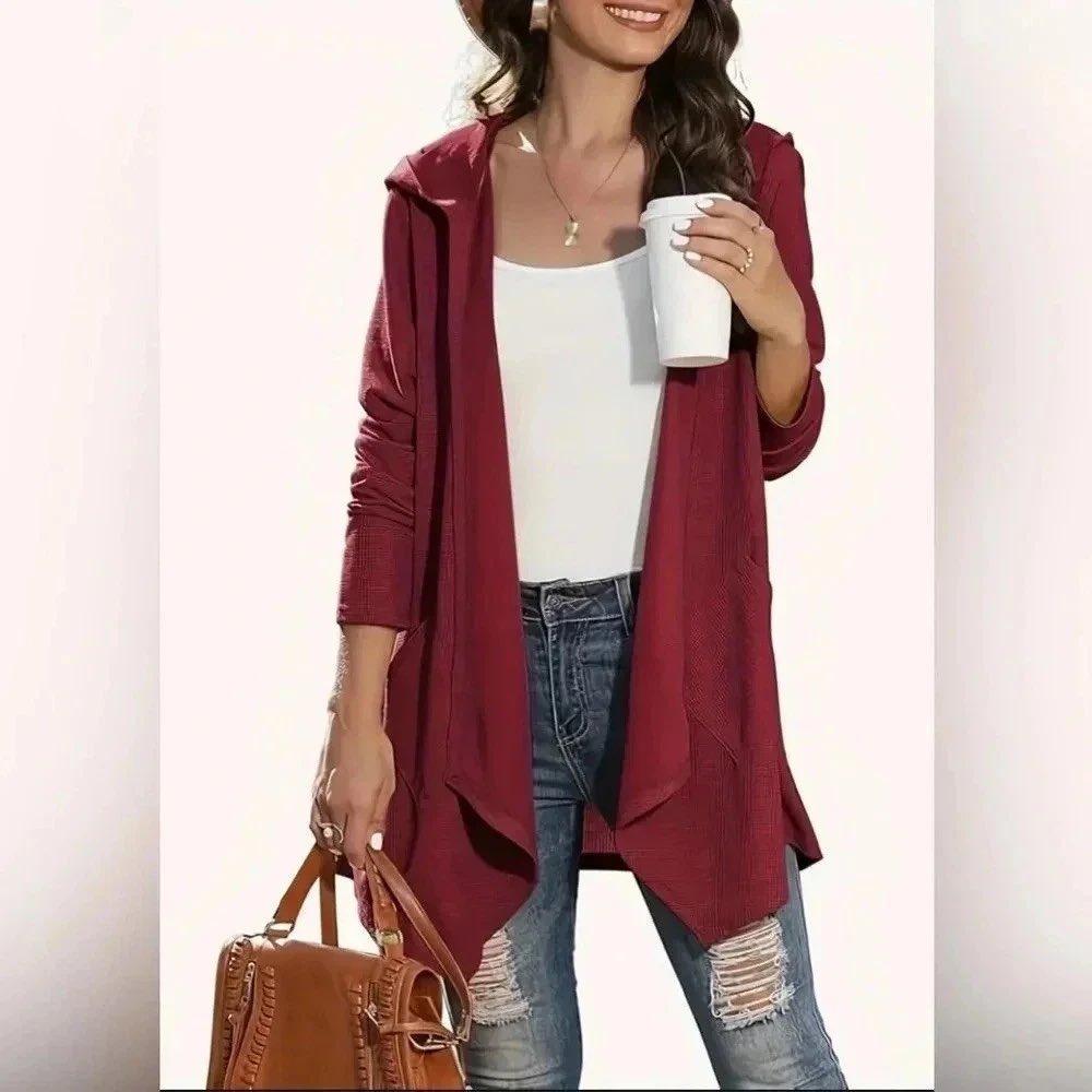 Chicos Zenergy Burgundy Waffle Knit Thermal Hooded Cardigan Wrap Size 1 Medium